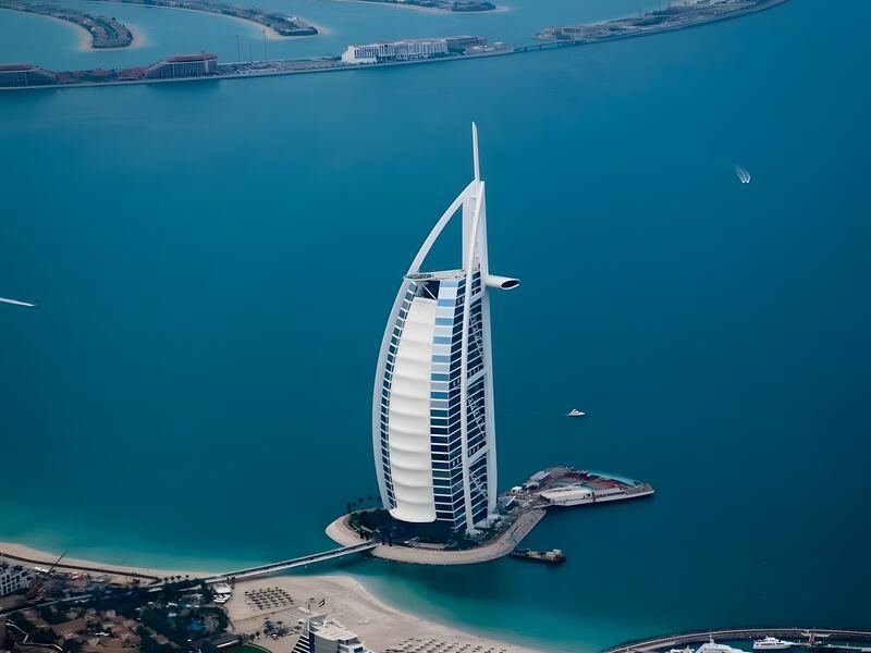 Burj Al Arab on the Jumeirah coast seen from above