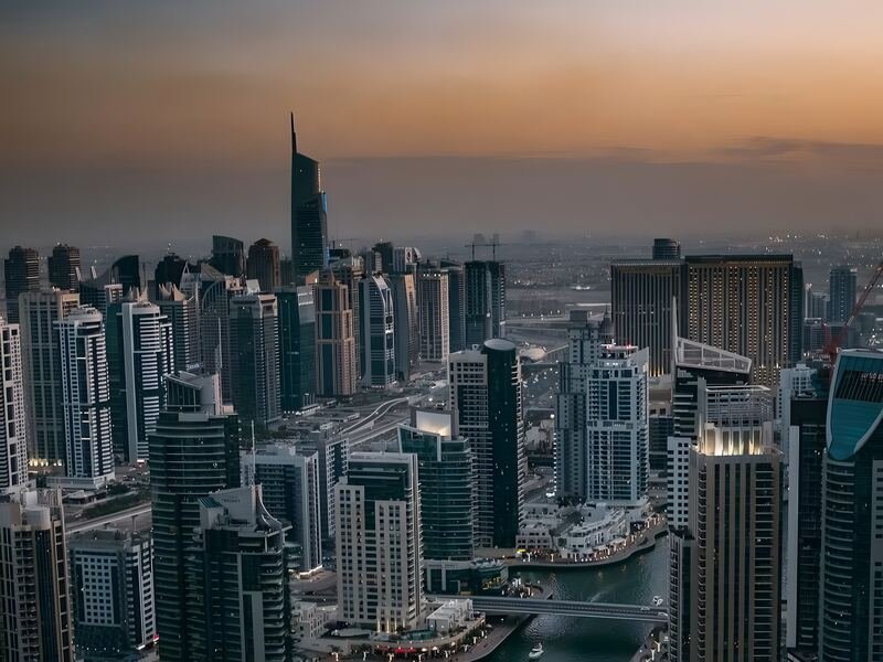 Dubai Marina high-rise towers seen from above at dusk
