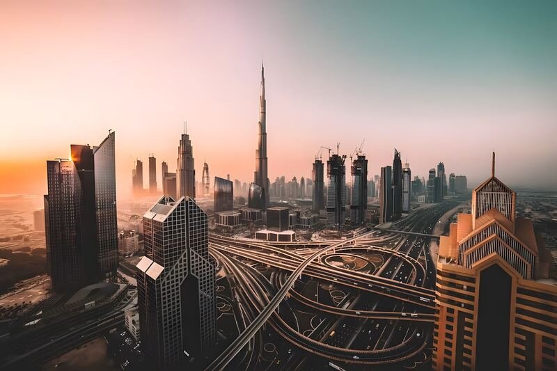 Golden-hour view over Sheikh Zayed Road interchange and Downtown towers