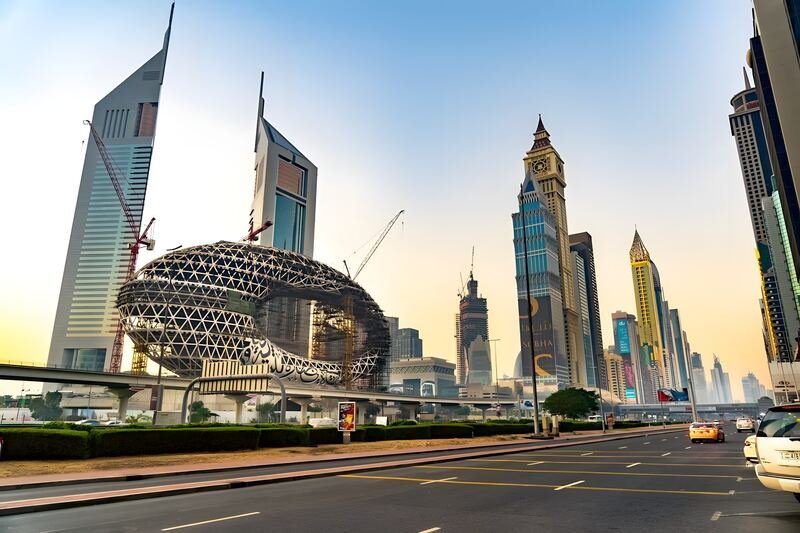 Sheikh Zayed Road towers beside the Museum of the Future
